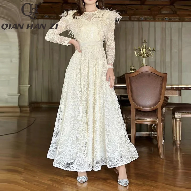 

QHZ Designer Fashion Vintage Lace Long Dress Women's long sleeves Hollowed out embroidery feather Slim Elegant White Maxi Dress