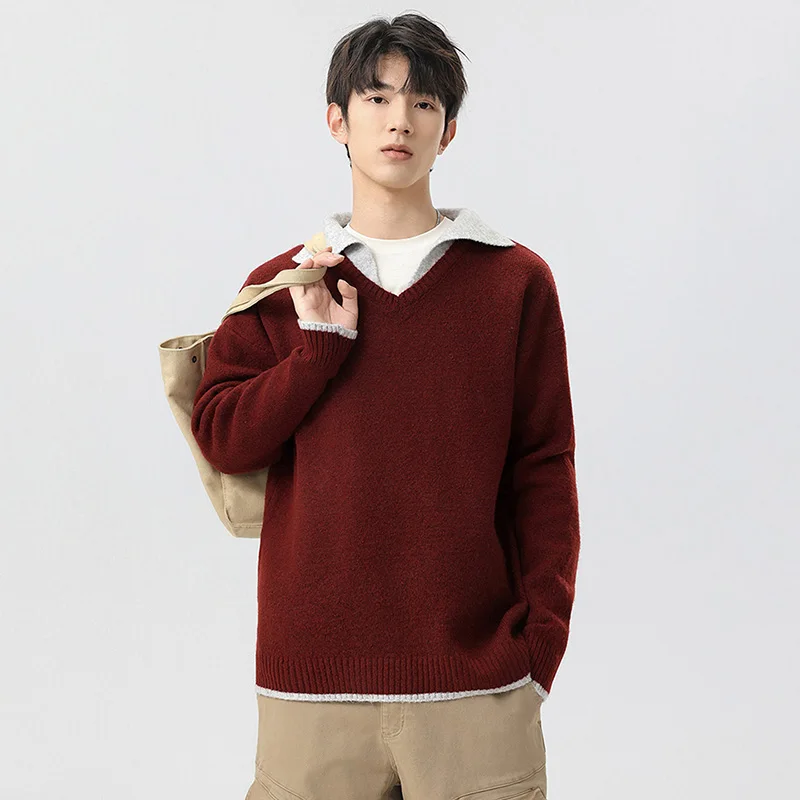 

GIOIOMen's Sweater，Autumn Winter Thickened Warm Turn-down Collar Patchwork Fake Two-piece Set Anti-pilling Knitted Sweater
