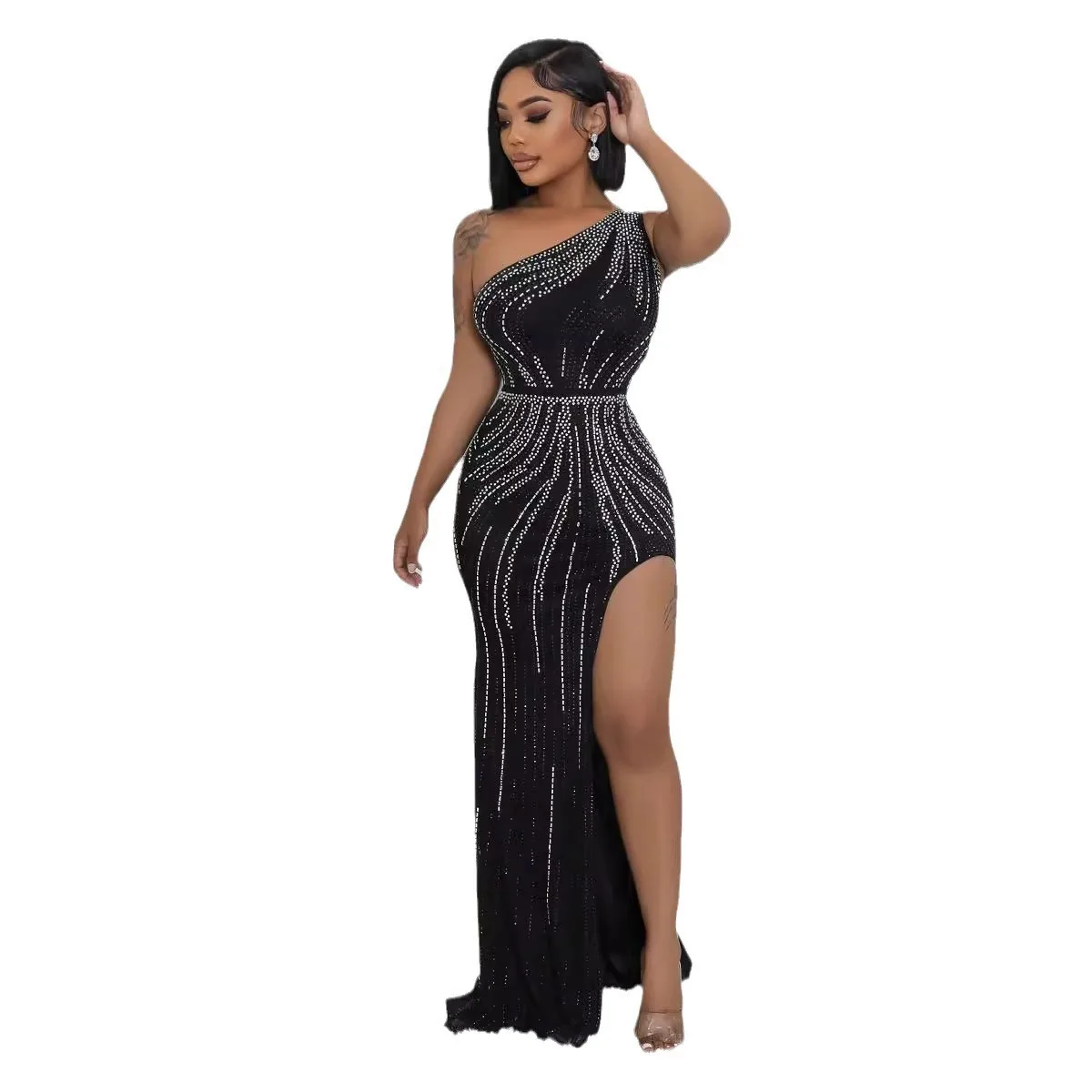 

Sexy Nightclub Party Club Banquet Prom Hot Rhinestone Sleeveless Slant Shoulder Split Wrap Hip Stretch Dresses