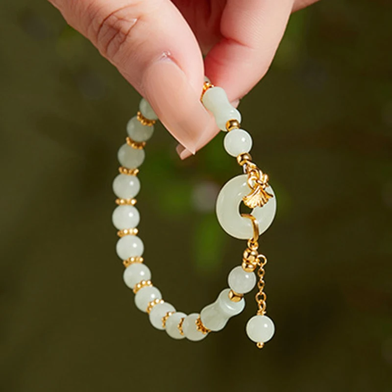 Women's Green Beads Bracelet Handwoven Ping an Buckle Chinese Ethnic Style Hand Chain Jewelry for Girls Friendship Gift