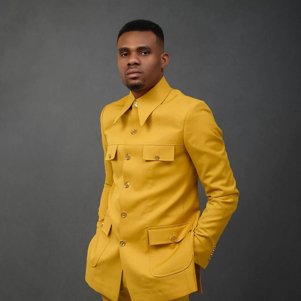 

Bespoke Yellow Men's Suits Formal Single Breasted Stand Lapel Slim Fit 2 Piece Jacket Pants Full Sets Daily Male Outfits Costume