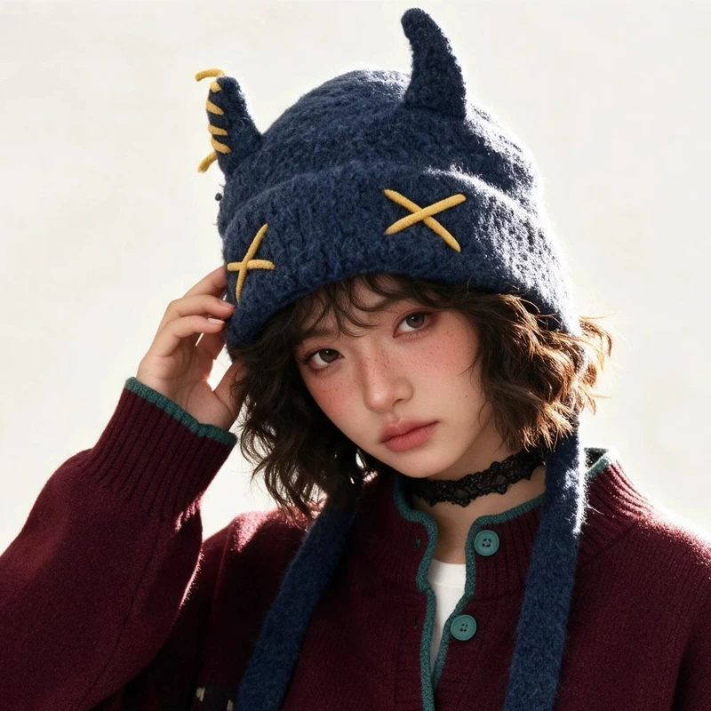 Cute Plush Little Devil Corner Pullover Knitted Hat for Women Autumn and Winter Warm Ear Protection Thick Lace-up Bomber Hats