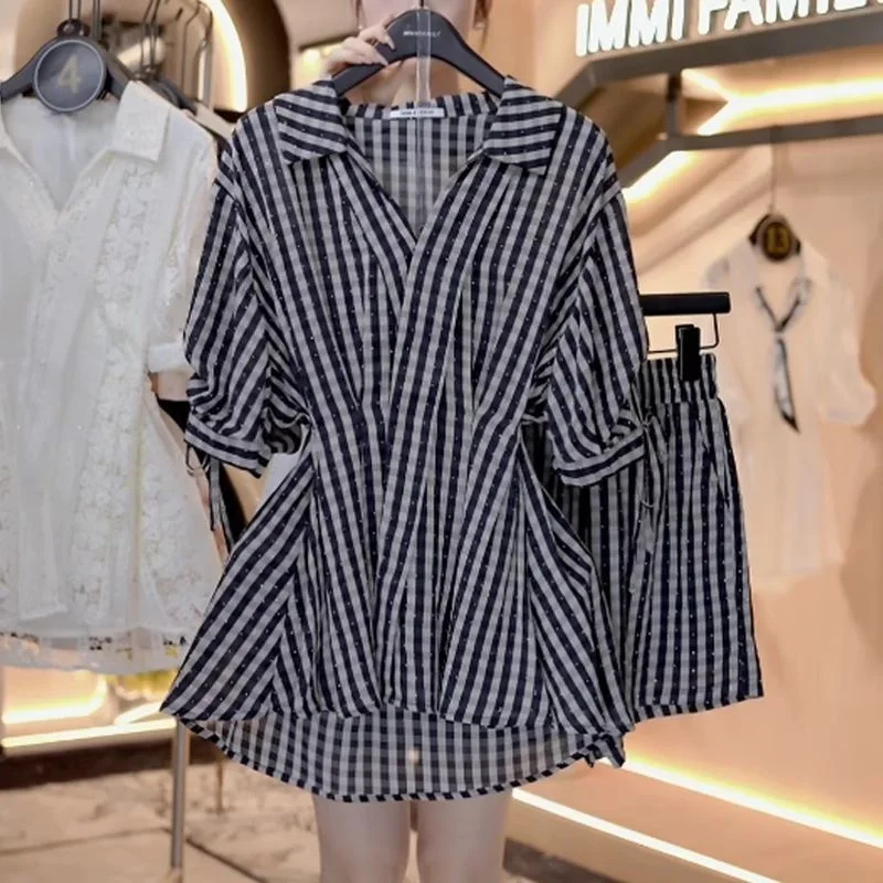 BESTBAFU Летний комплект шорт в клетку с принтом, женская рубашка с рукавами-пузырьками на шнуровке + шорты с эластичной резинкой на талии, модный костюм из 2 предметов 610P