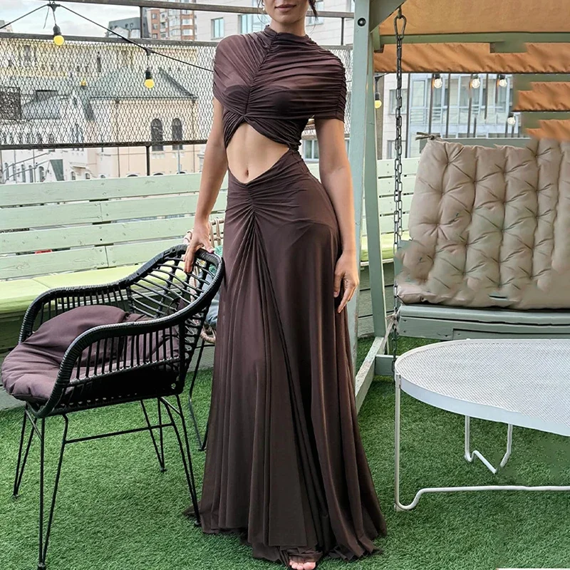 

Sexy Hollow Ruched Long Dress Women's Navel Exposed O Neck See-Through High Waist Splicing Dress Female Autumn Fashion