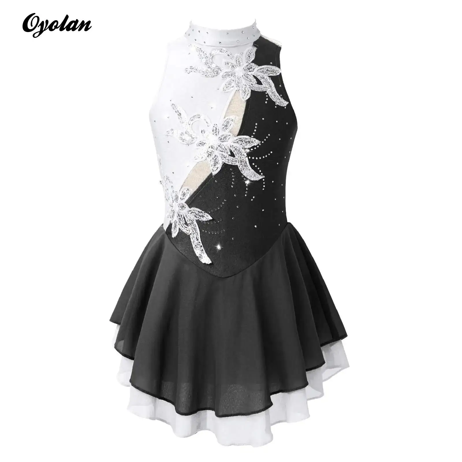 

Kids Girls Rhythm Gymnastics Ballet Jersey Artistic Figure Skating Dress Shiny Sequin Floral Ballet Lyrical Dance Body Dress