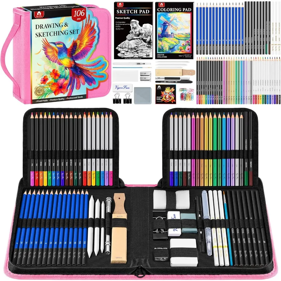 106 pezzi di materiali artistici Kit per schizzi Matite da disegno professionali con quaderno da disegno a 3 colori Libro da colorare Carbone di grafite colorato Acquerello