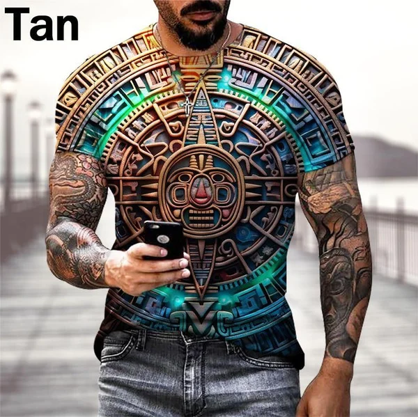 Mexican Aztec 3D Printing T-shirt Color Cool Pattern T-shirt Men and Women Fashion Aztec Calendar Sports T-shirt Top