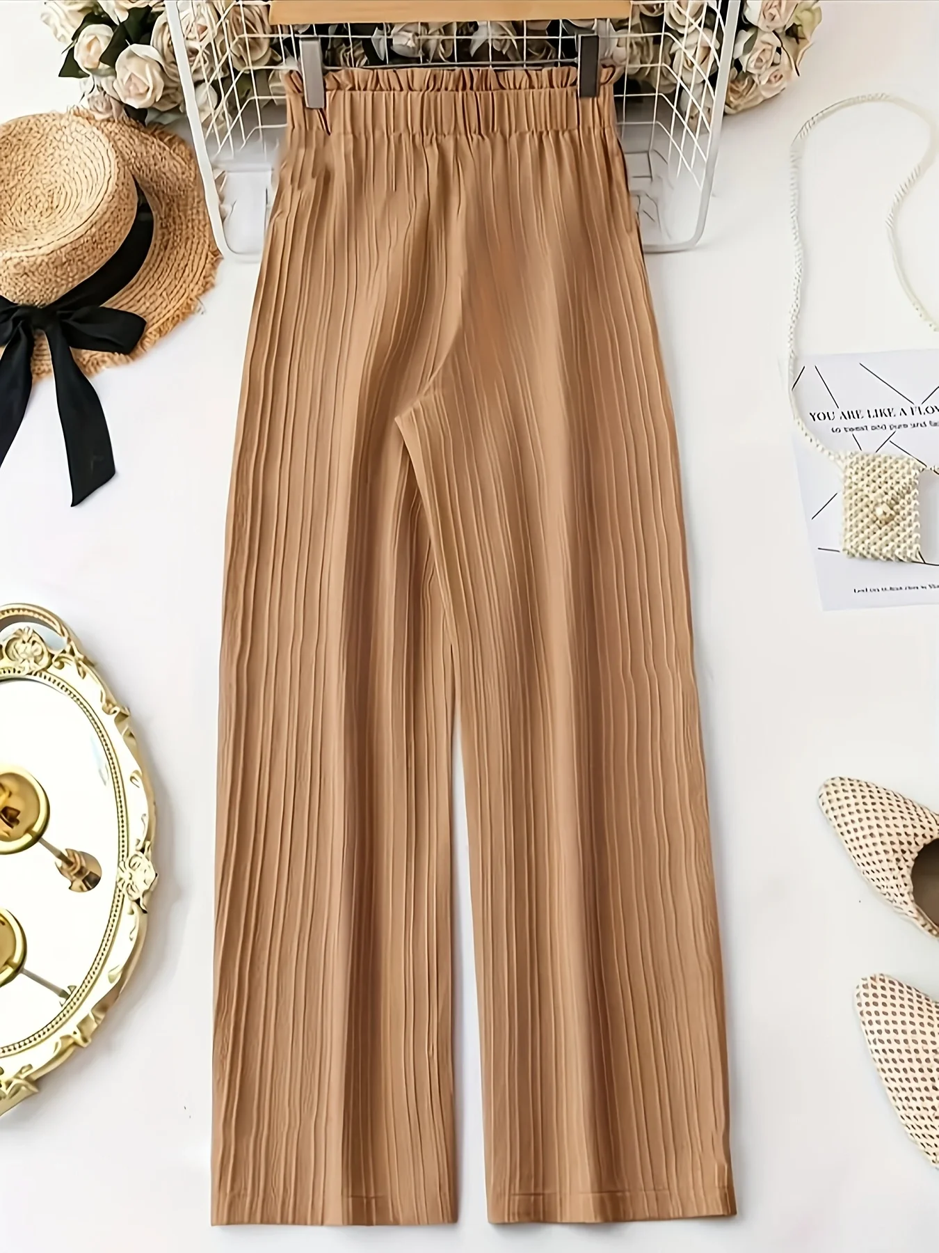Women's Khaki Textured Wide-Leg Pants, High-Waisted Paperbag Waist with Tie, Draped Straight-Leg Trousers