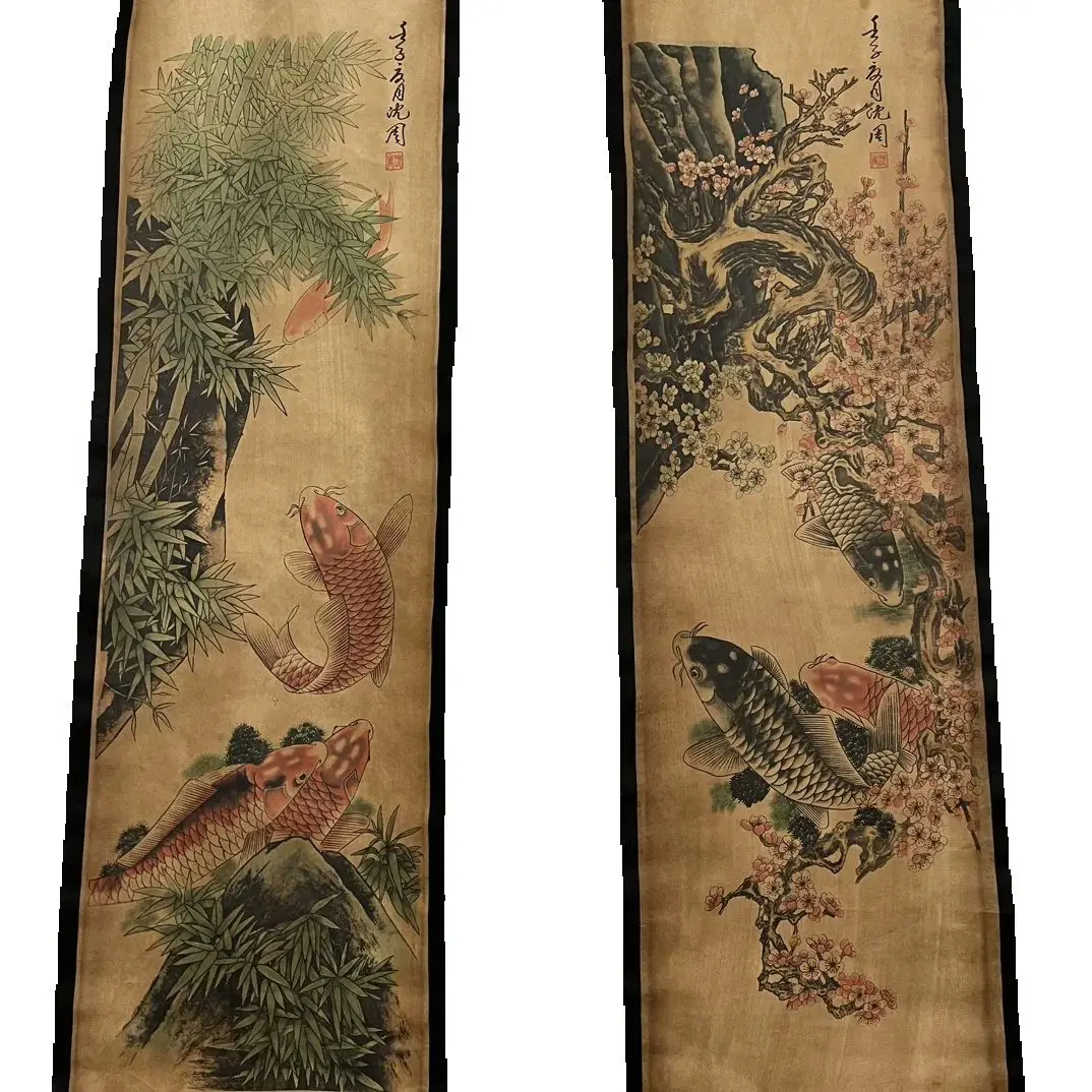 

Chinese Celebrity Old Scrolls Shen Zhou's Carp Picture Painting, Four Screen Artwork for Home collectibles