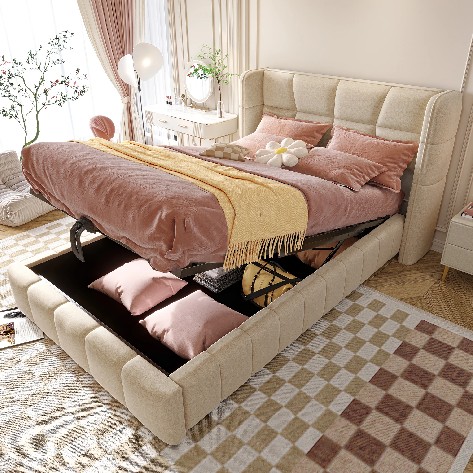 Cama tapizada de 90 x 200 cm con somier de láminas, cabecero y almacenamiento neumático, color beige. Perfecto para niños y adolescentes.