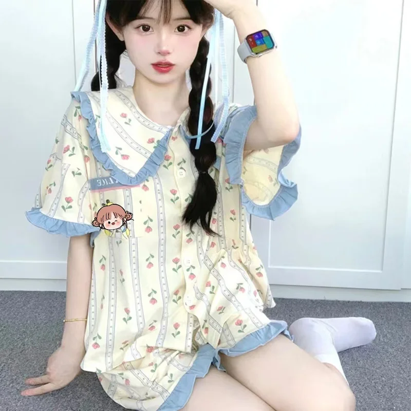 Sweet Princess Style Pajamas Loungewear Women\'s Summer Cute Cartoon Internet Celebrity Short Sleeve Ladies Student Loungewear Se