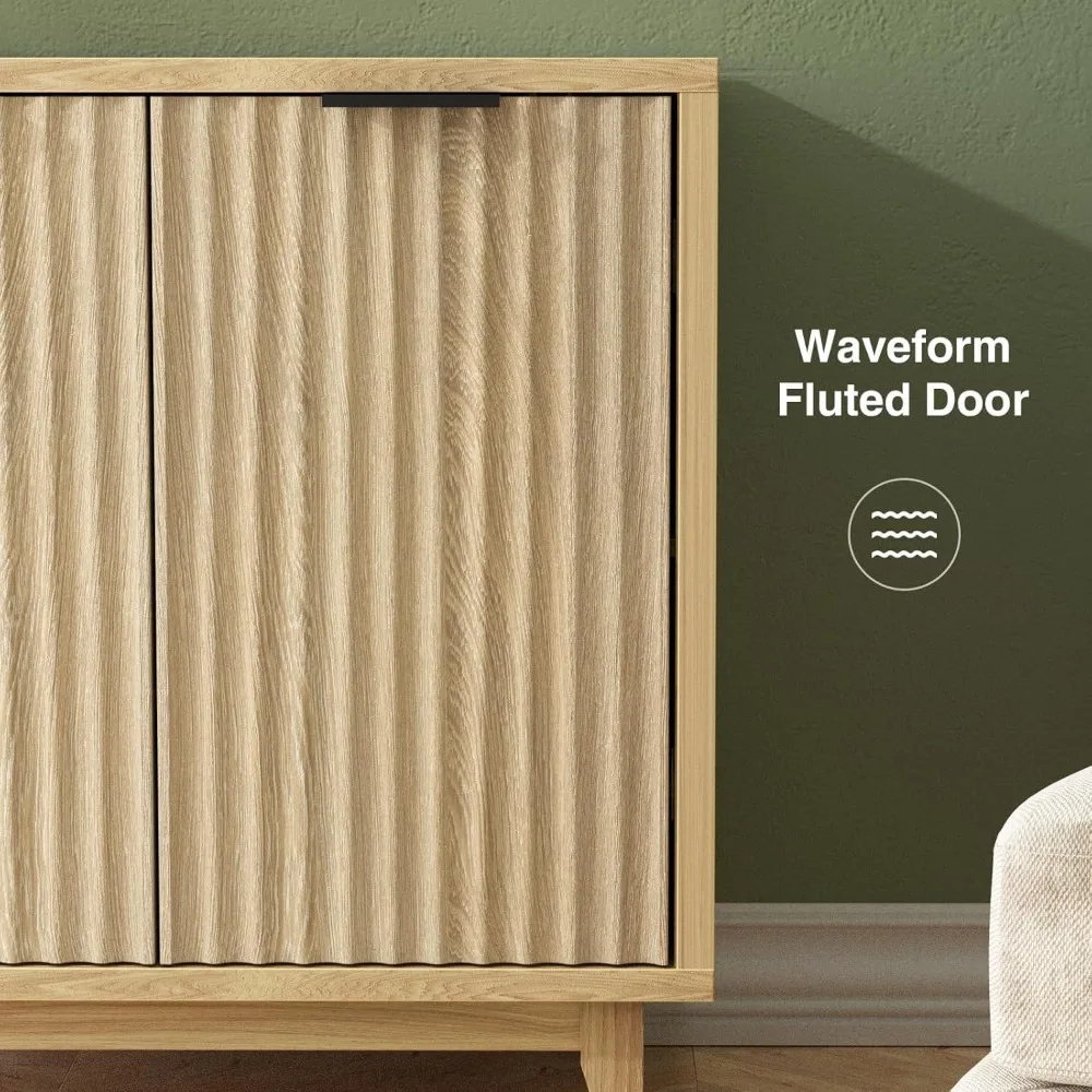 خزانة مخددة مع مساحة تخزين، بوفيه خزانة جانبية ببابين، خزانة حديثة من منتصف القرن مع أرفف قابلة للتعديل، متعددة الوظائف #3