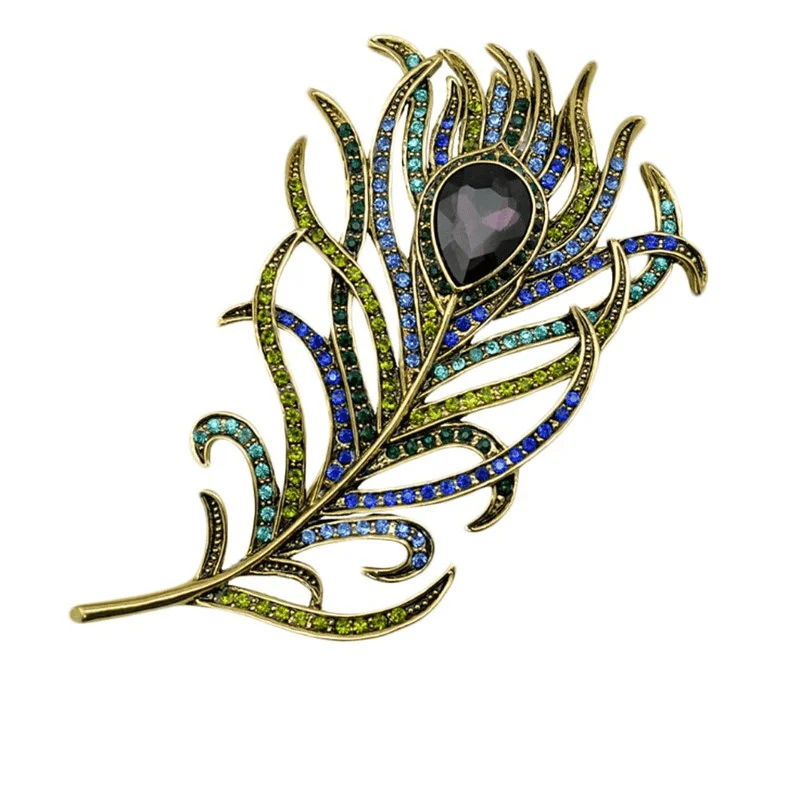 Vintage Feather Brooch Pin Rhinestone Crystal Peacock Jewelry Women Gift