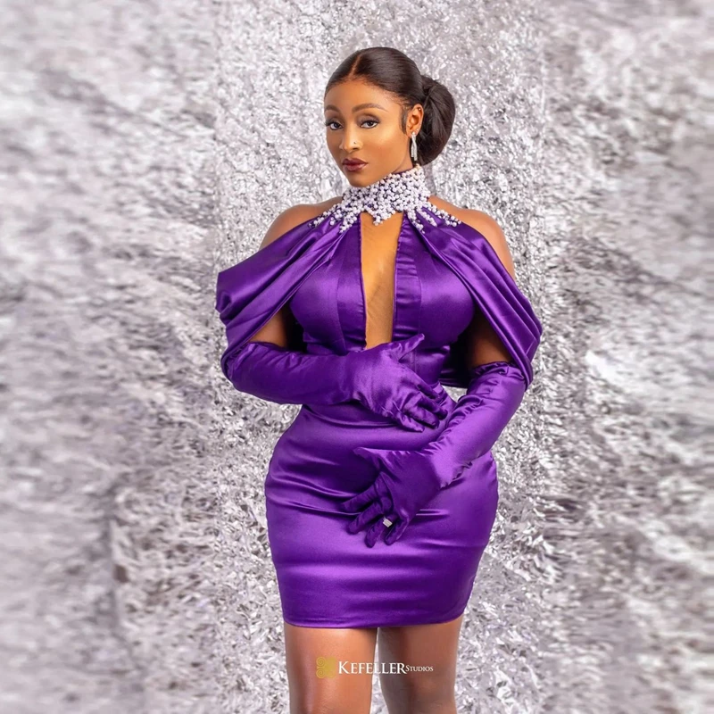 Charming High Neck Pearls Mini Prom Dresses Fashion Purple Satin Africa Evening Party Dress Sexy Mini Aso Ebi Cocktail Gowns