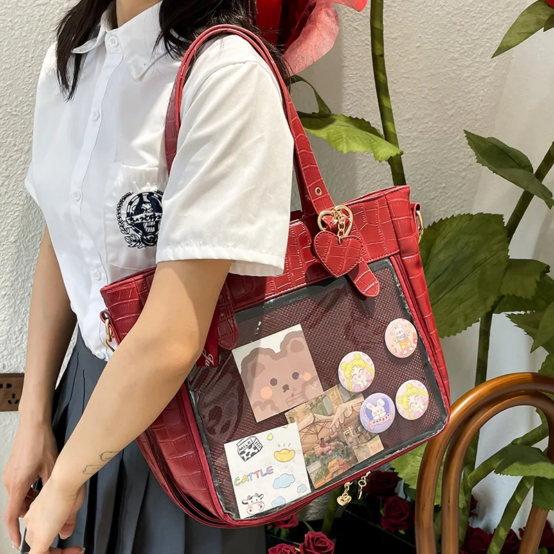 Sweet Uniform Bow Ita Bag Alligator Transparent Clear Tote Bags Teenage Girls Lolita Shoulder Bags Harajuku JK Handbag Kawaii