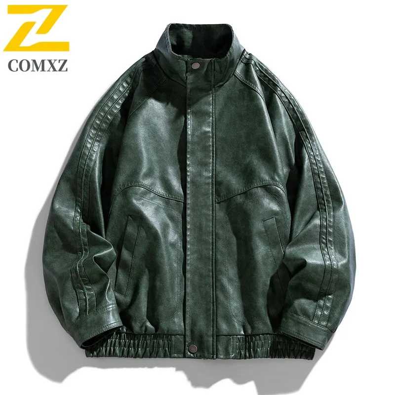 

COMXZ повседневная мужская кожаная куртка уличный светильник для езды на мотоцикле однотонный дизайн американская мода ветрозащитная осенняя одежда