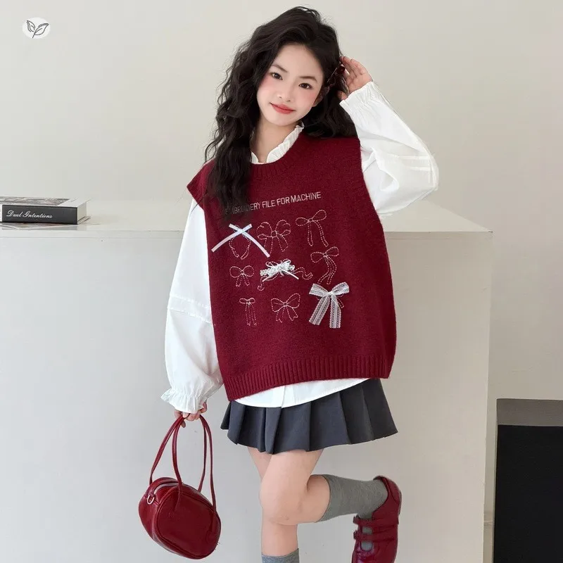 

Girls Spring Bow Tie Sweater Vest With Shirt and Skirt 3-piece Suit Girls Fashion Outwear Clothing