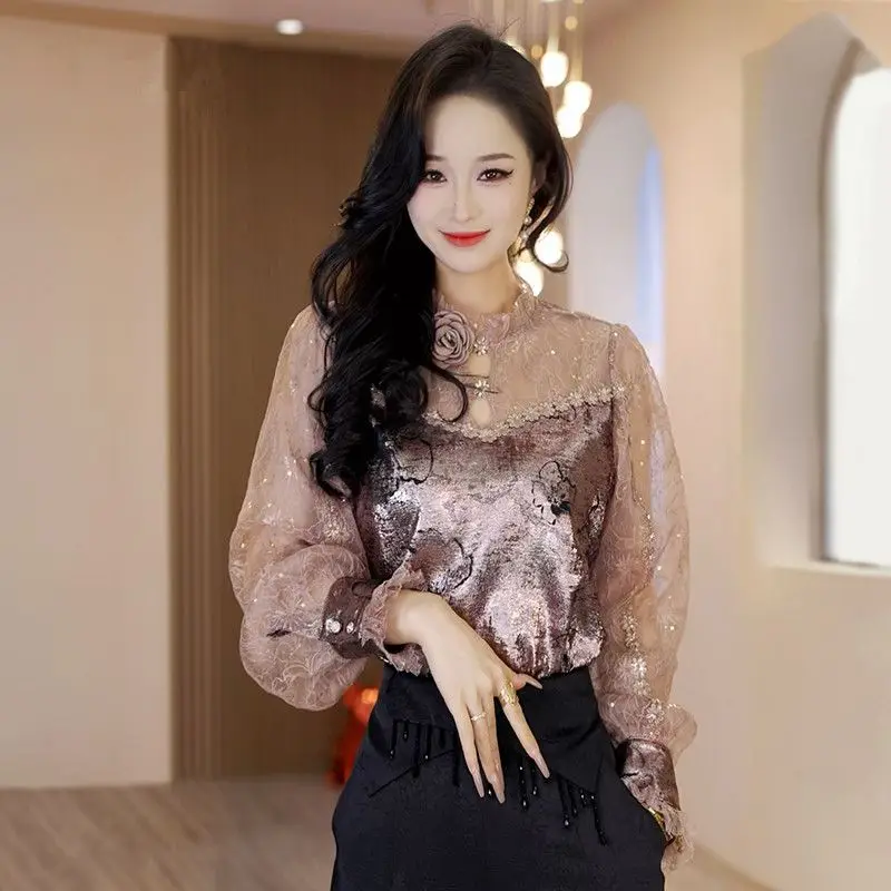 French Style Stand Up Collar Small Shirt for Women's Early Autumn New Top Spliced Long Sleeve Unique and Beautiful Shirts