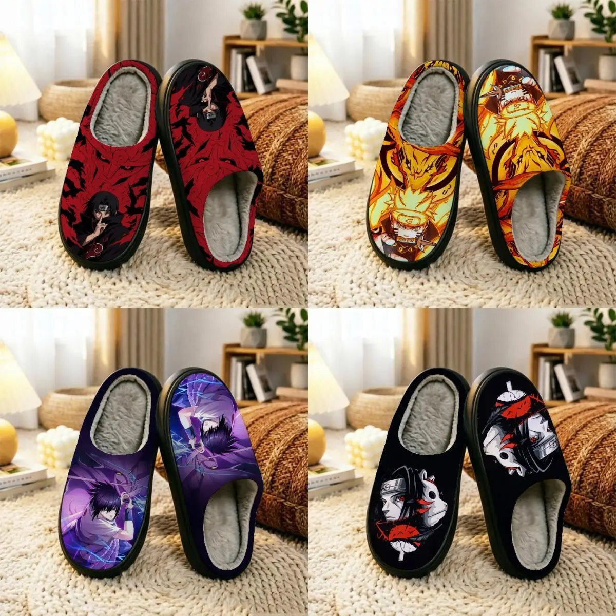 Cool Naruto Uzumaki Nine Tails Kurama Print Warm Winter Plush Slipper Soft Fluffy Fleece Lining Non Slip Thick Bottom Home Shoes