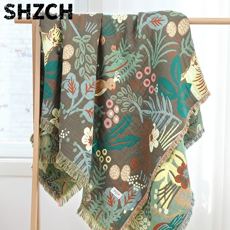 Textile City Jungle Tiger Floral Cotton Towel Blanket 6-Layer Gauze Combed Cotton Throw Multi-Purpose Active Printed Blanket