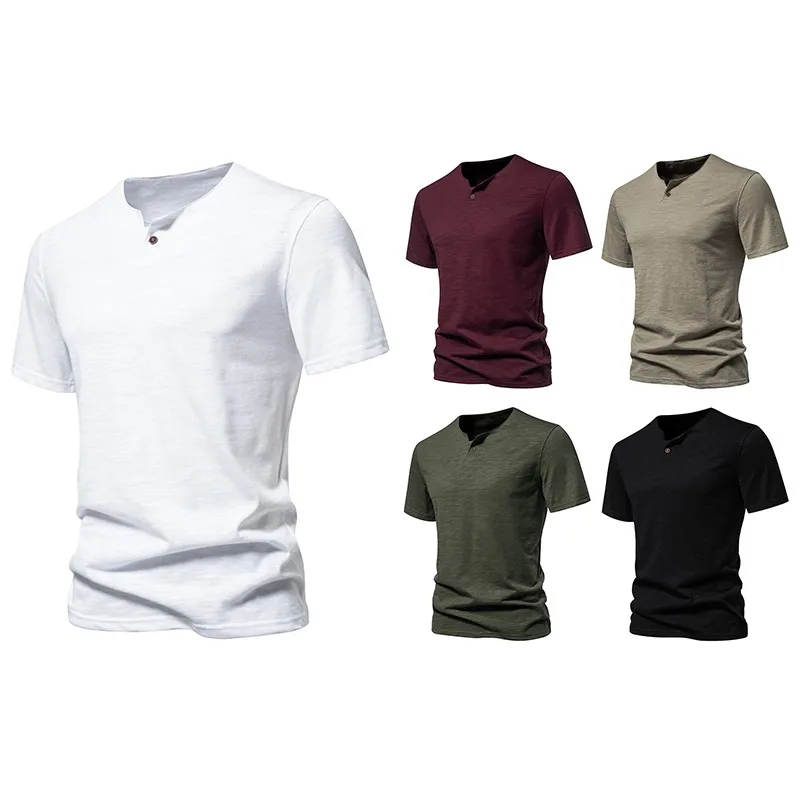 Summer New One Button Men\'s Bamboo Casual Loose Linen Material Short Sleeved T-shirt