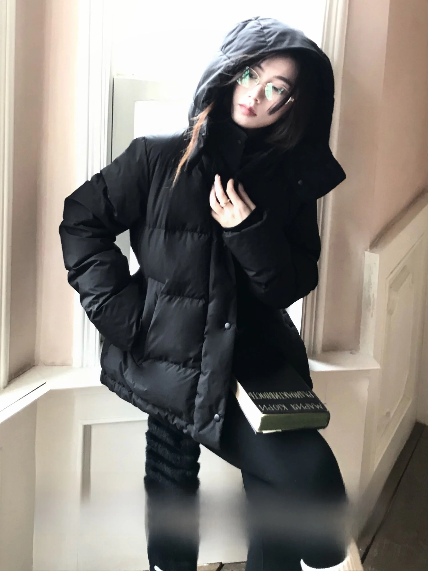 

Women's Thiened down Jaet Detachable Hat Ba Waist in Winter Warm Outerwear French Sle Belted Du down Coat