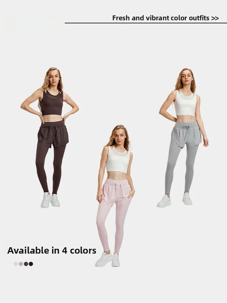 Calças de yoga de cintura alta calças de fitn femininas com faixa de levantamento de bunda ket esportes apertados calças compridas falso conjunto de duas peças