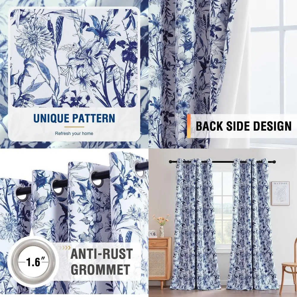 

Цветочные 96, термоизолированные шторы с люверсами, французский Jouy Flora Blue для гостиной и спальни