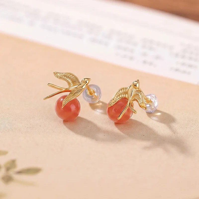 BOCAI New S925 Sterling Silver Jewelry Temperament And Personality South Red Agate Swallow Ear Nails Selected Gifts For Women
