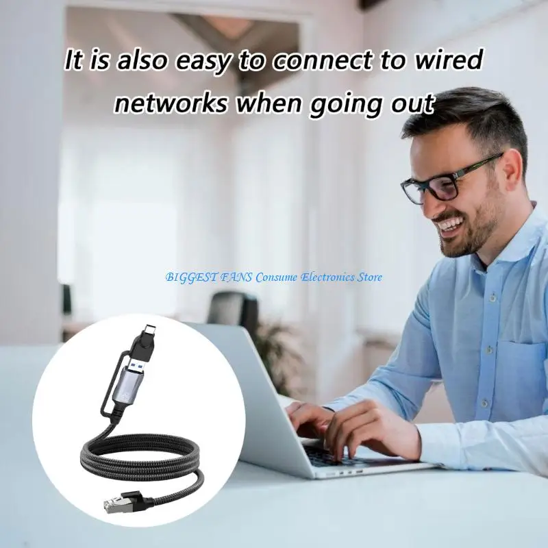 Fast Speed USB & USB C To Ethernet 1.8m Braided Cord Wire for Laptops Tablets