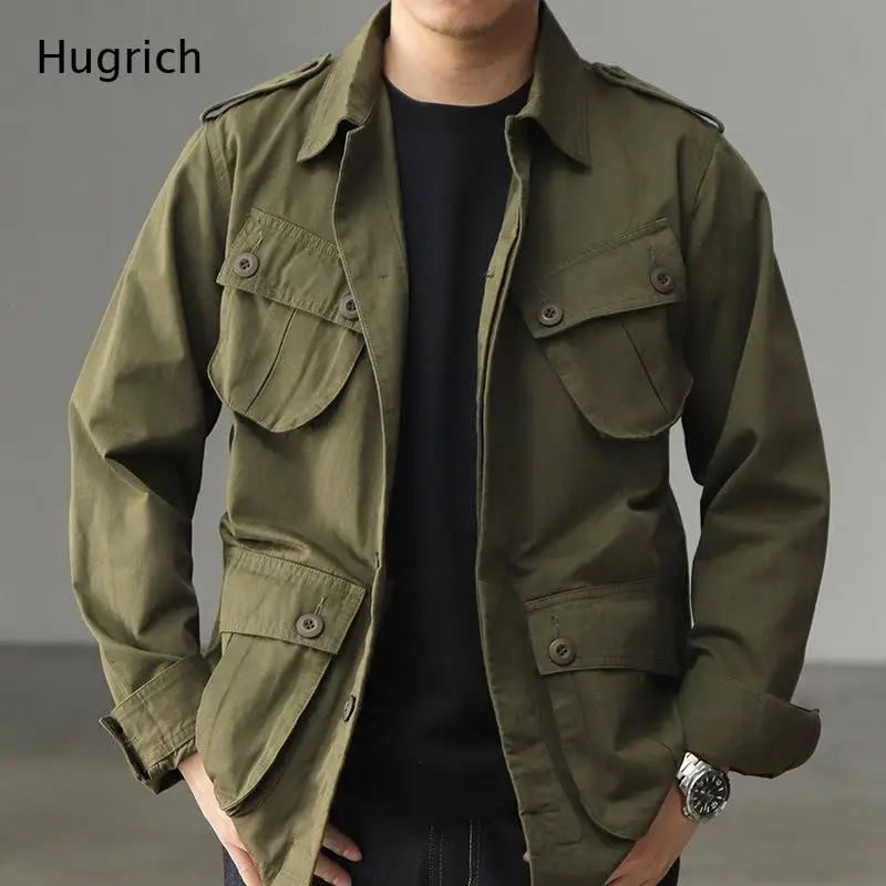 Men's Lightweight Cotton Army Green Epaulet Multi-Pocket Military Field Jacket