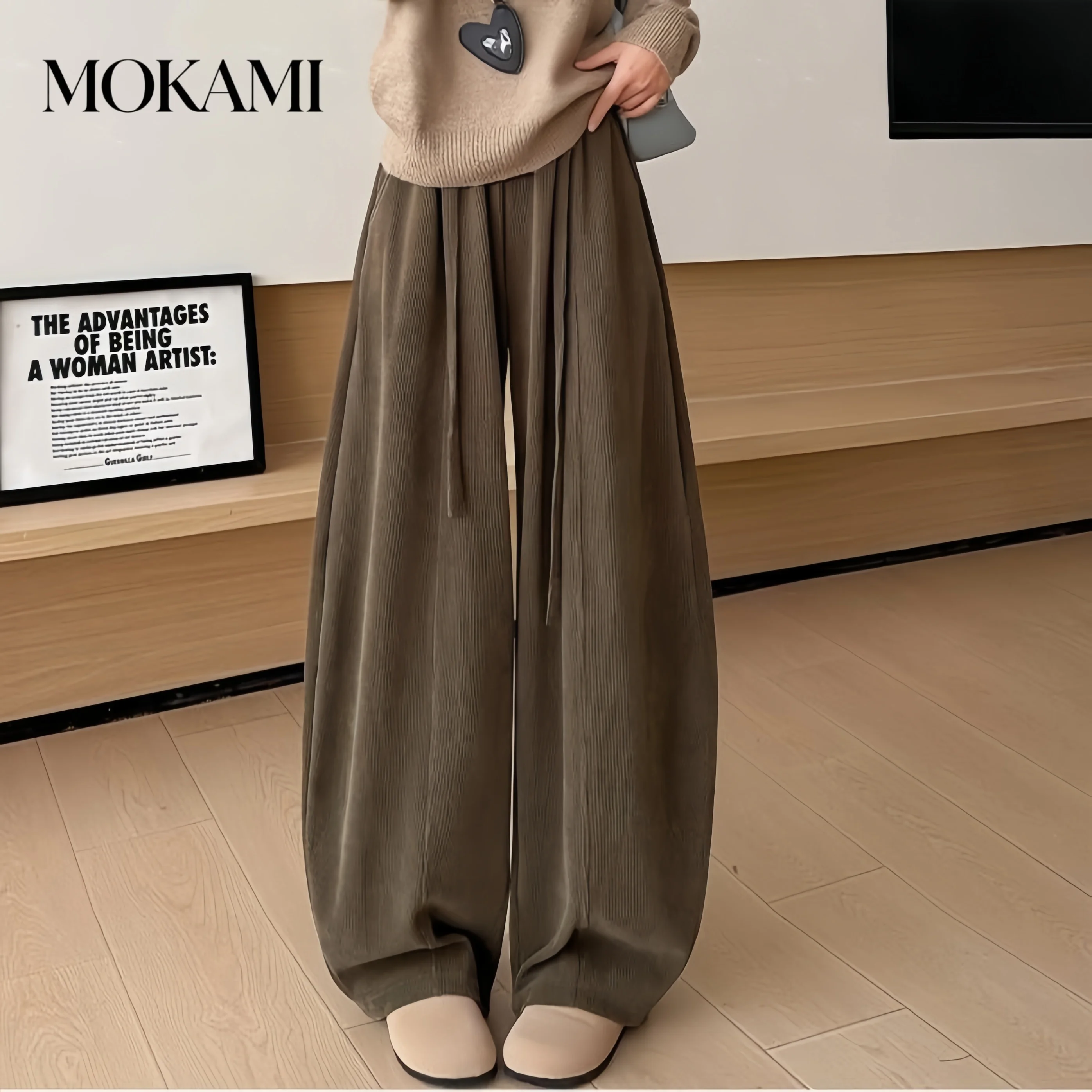 American drawstring curved knife pants for women, high waist, narrow version, wide leg pants, loose casual sweatpants