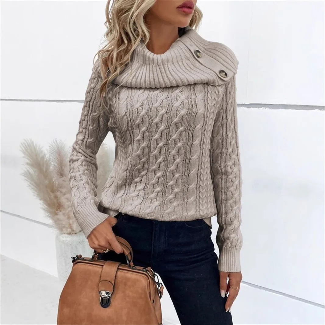 

Knitting Sweater 2025 New High Neck Cable Knit Sweater Button Decor & Raglan Sleeves Warm Winter Wear For Women