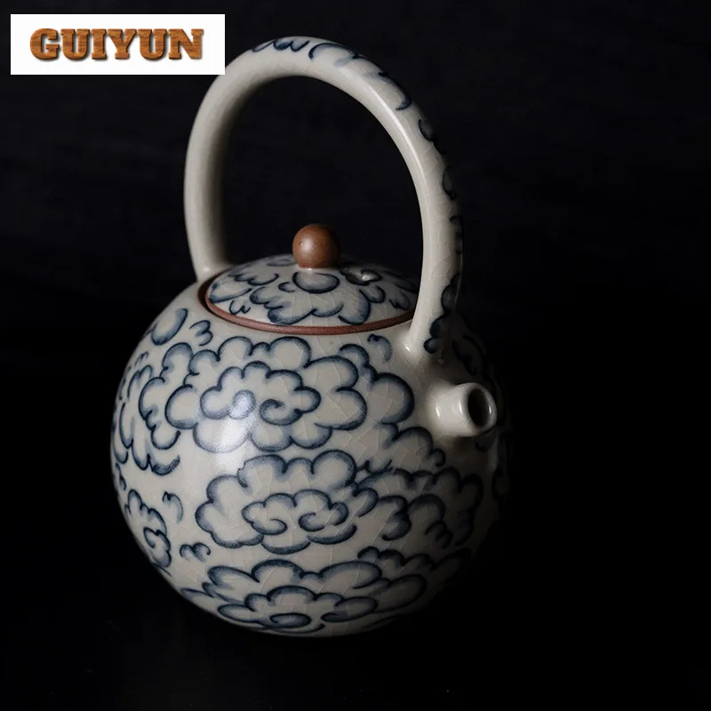 240ml Retro Blue and White Cloud Lifting Beam Teapot Boutique Ru Kiln Pot Tea Making Kettle Tea Ceremony Accessories Collection