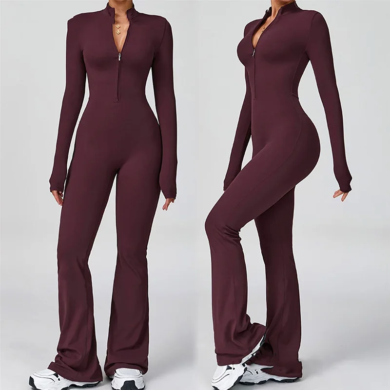 Tight Zipper Long Sleeved Jumpsuit Women Yoga Sportswear Long Sleeved Flared Pants Fitness Sportswear Jumpsuit