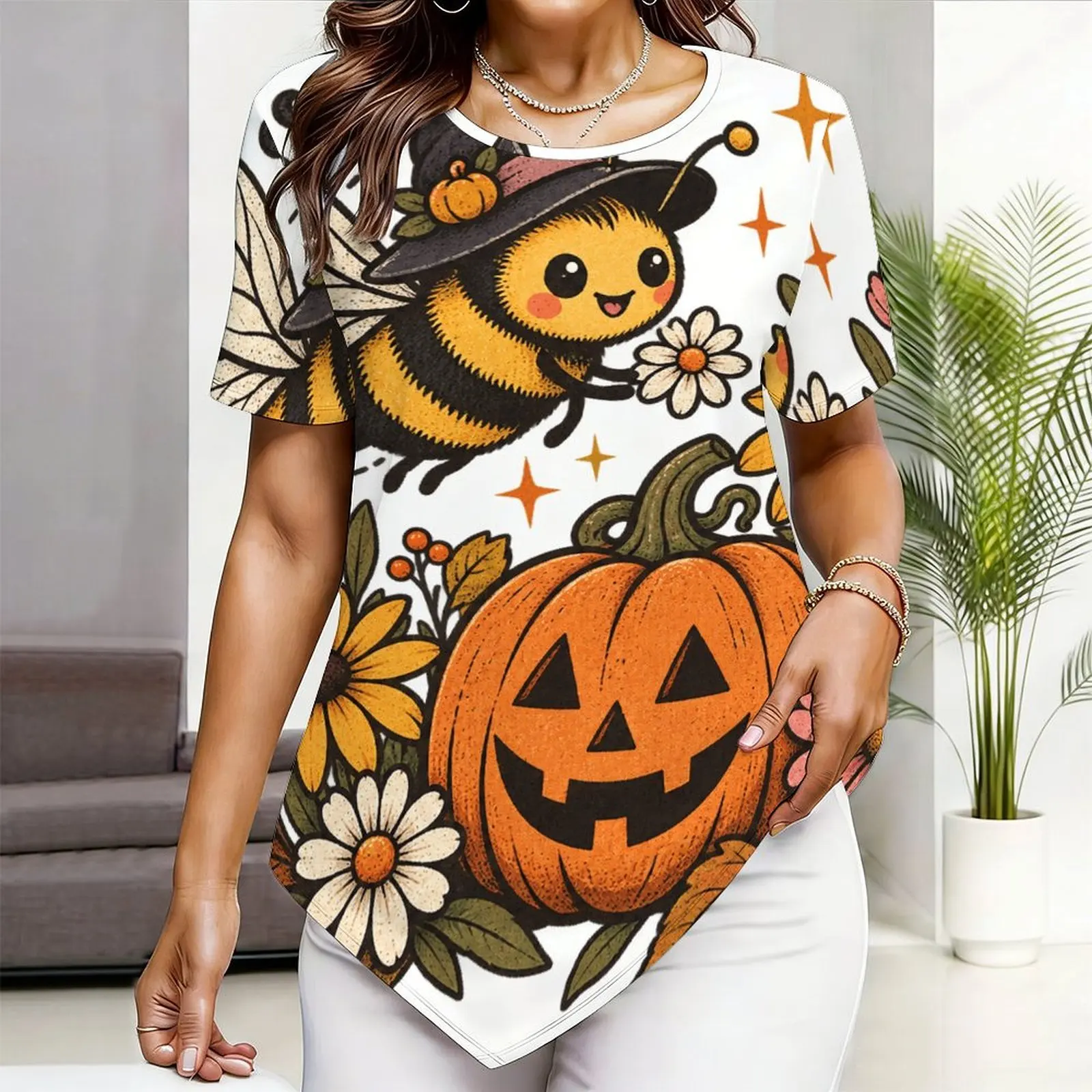 Women Round Neck Short Sleeve Pointed Hem Printed Top
