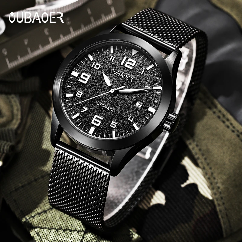 OUBAOER Men's Engineer Automatic Mechanical Watch Rugged Alloy Case Slim FrameBreathable Stainless Steel Mesh Band Man Clock