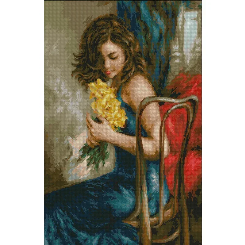 Amishop Gold Collection Lovely Counted Cross Stitch Kit Woman With Yellow Roses Rose Bouquet Lady Girl Maid Luca-S G532