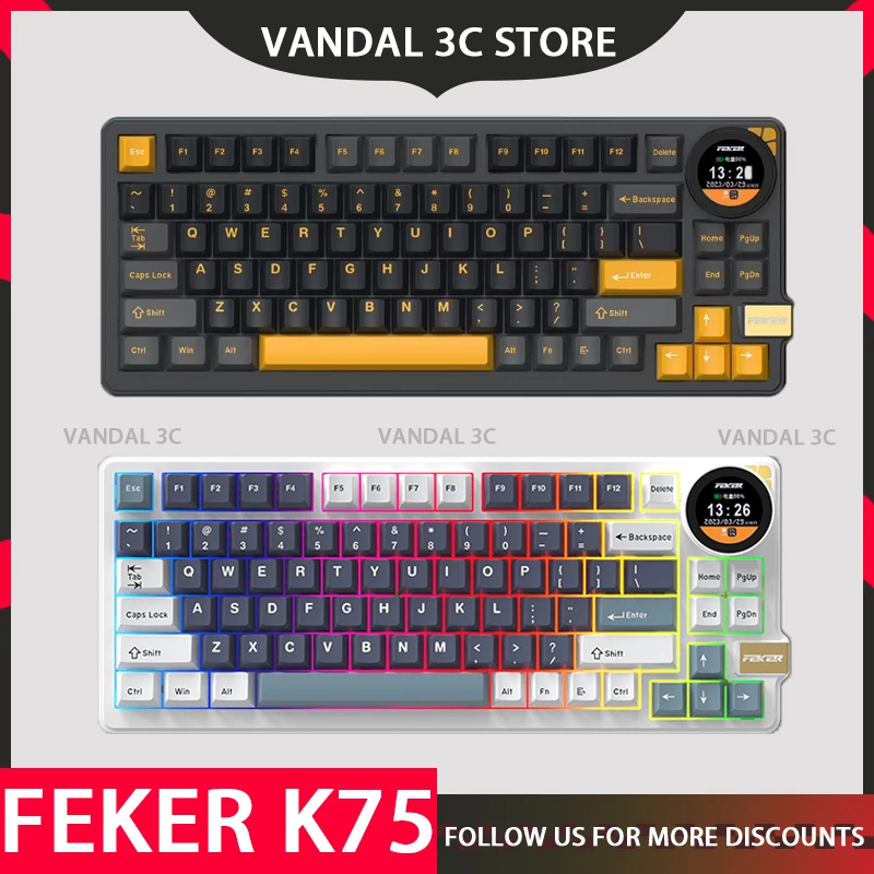 Feker K75 Mechanical Keyboard Tri-Mode 83keys Custom Keyboard With Knob Screen Rgb Pbt Gamer Keyboards Gift Gaming Keyboards