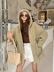 New Lamb Wool Fur Coat Female Winter Long Korean Top Fashion Thickened Elegance Young Granular Sheep Shearing Fur Jacket Hooded