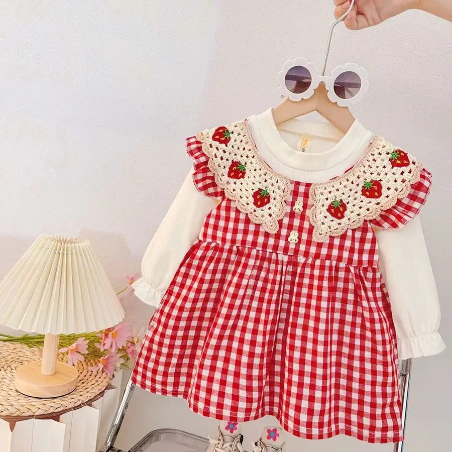 

Autumn New Cute Strawberry Collar Baby Girl Dress, Plaid Long Sleeved Children'S Clothing For Babies Aged 6 Months To 3 Years