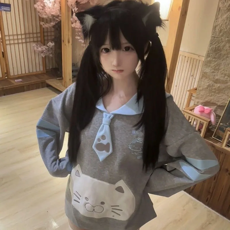Japanese Sweet Cute Cute House Cat Element Embroidered Navy Collar Sweater Gray Loose Top Jacket For Women