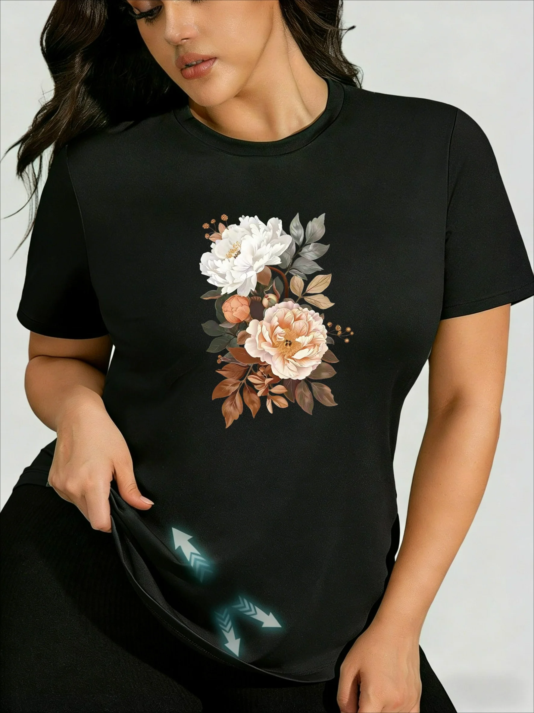 

French gentle style, heavy-industry floral plus-size T-shirt, comfortable and temperament-enhancing