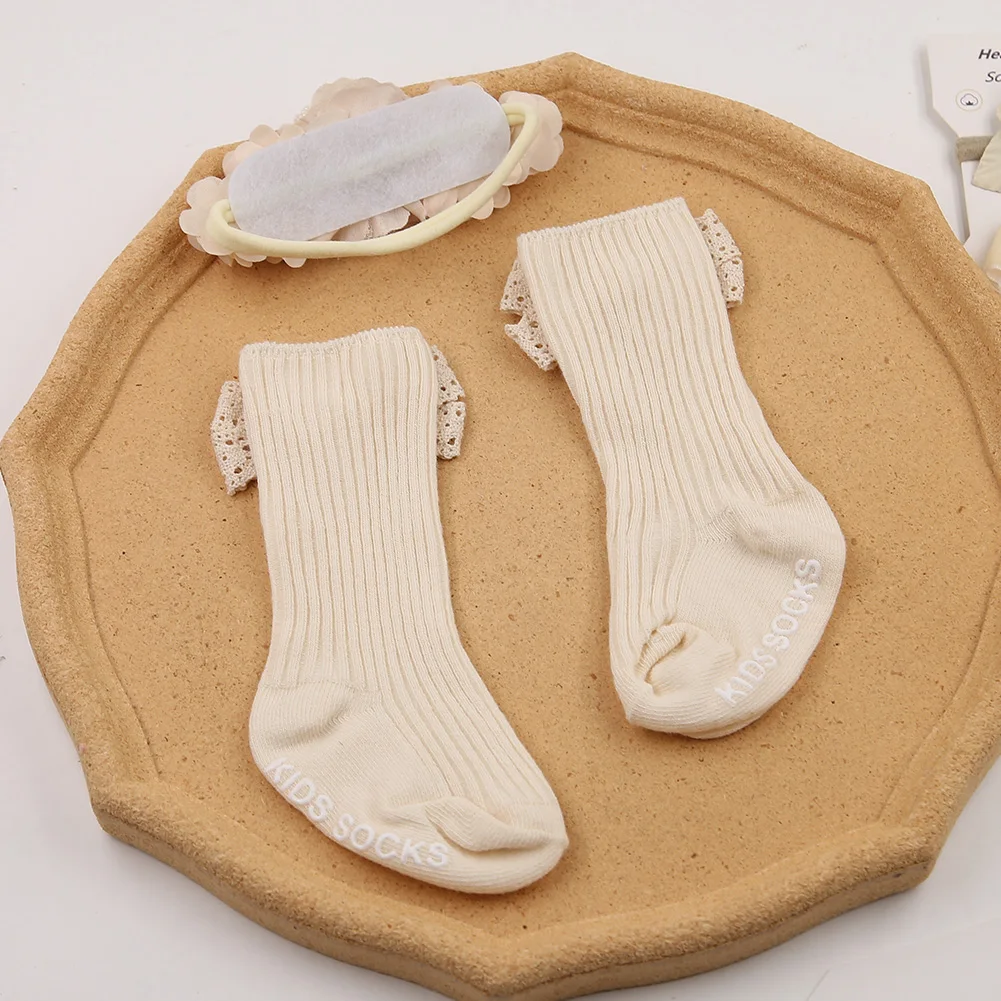 3Pcs/Set Ins Cream Latte Flower Headbands with Ribbed Socks for Baby Girls Boutique Flower Anti-Slip Short Cotton 0-12M Sock