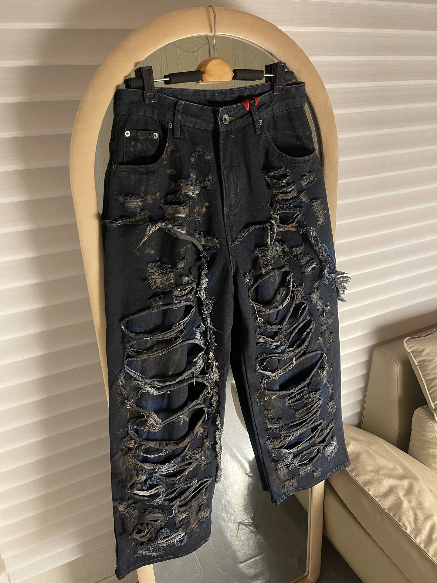 

Parisian Sle Heavyweight Splatter Denim Jeans Men's Women's High Street Loose Faded Wide Leg Pants Hand Waed Cotton Polye...