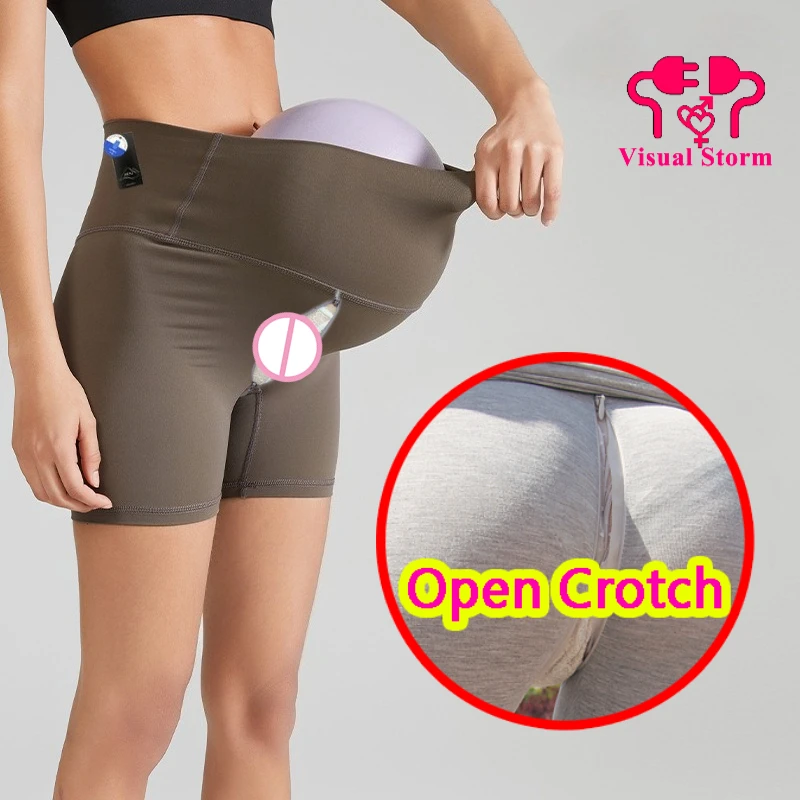 Summer Women Open Crotch Sexy Leggings High Rise Sporty Yoga Pants Gym Hidden Zipper Outdoor Easy Crotchless One Size Sportswear