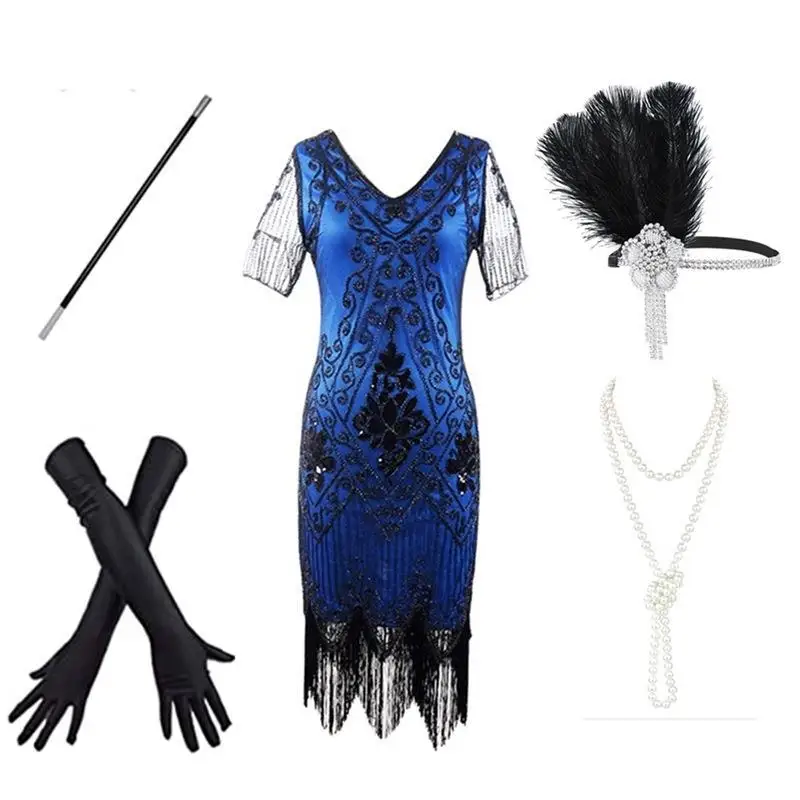 

Women's Vintage 1920s Gatsby Sequin Beaded Long Fringed Tassels Hem Flapper Dress Party Dress /Accessories Set