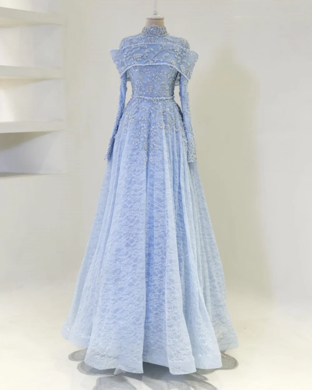 

Customized Luxury Evening Dresses High Collar Long Sleeves Crystal Dreamy Princess Dress High Quality Floor-length Prom Dresses