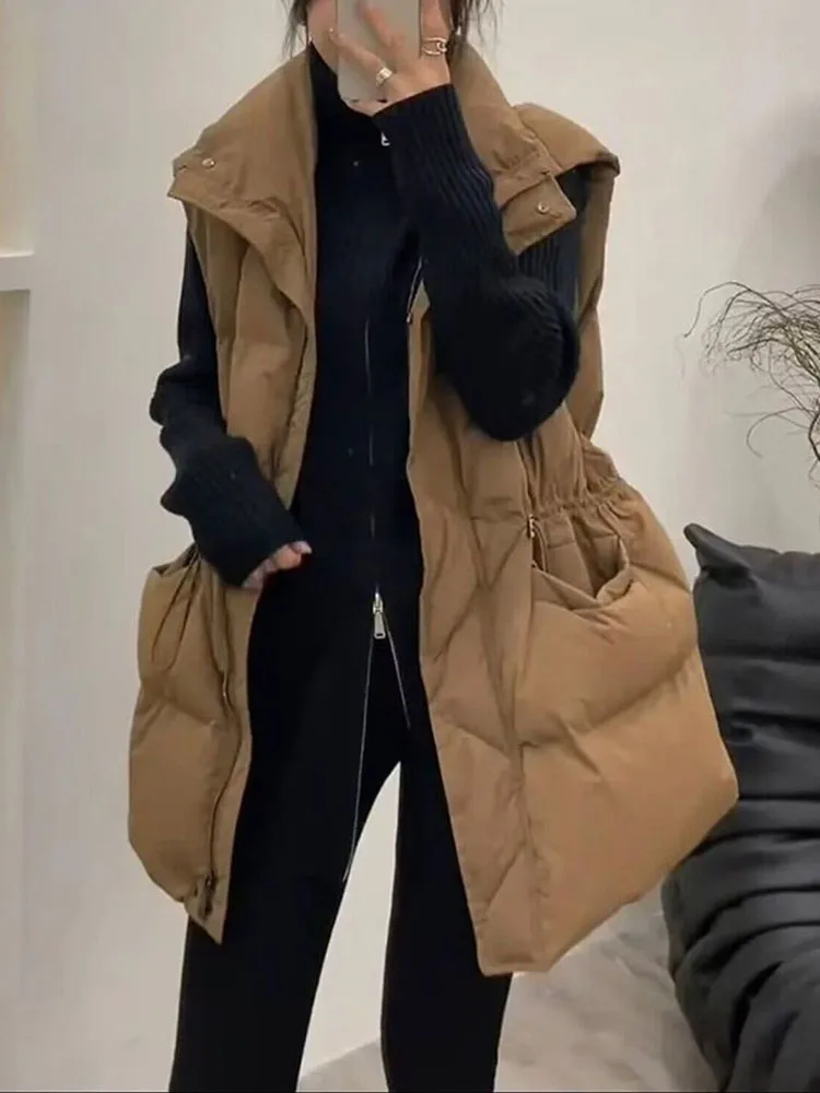 SHENGPALAE Fashion Mid Length Cotton Padded Vest Coat For Women Stand Collar Sleeveless Drawstring Design Clothes Winter 2VV1955