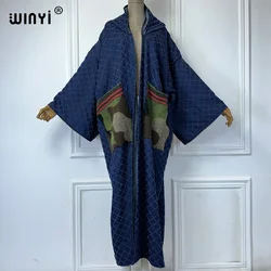 WINYI Africa fashion kimono for women Hooded Jacquard Spliced Denim Cardigan swimsuit beach cover up Print pocket coat